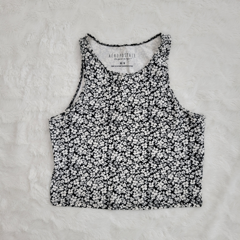 Aeropostale Black and White Floral Tank Top